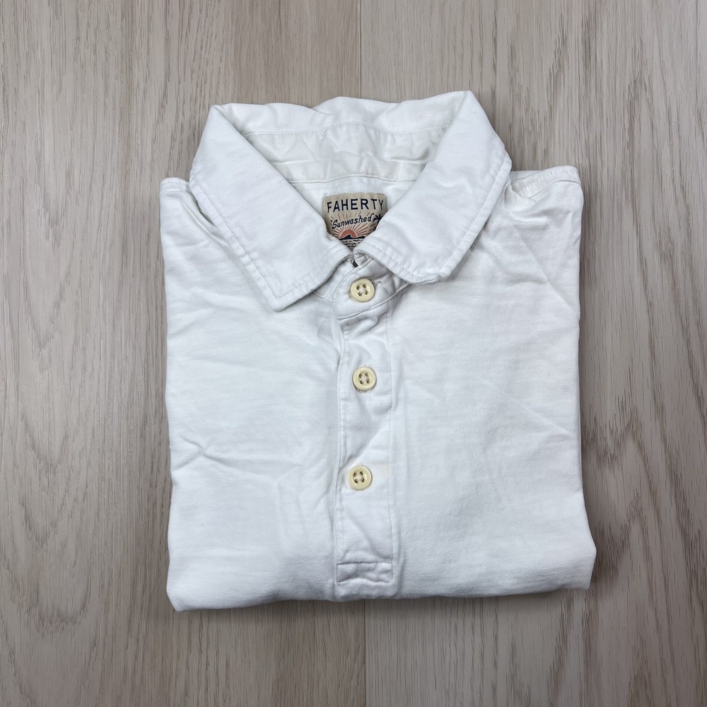 Faherty Sunwashed Organic Cotton Polo Shirt Mens Size Large White